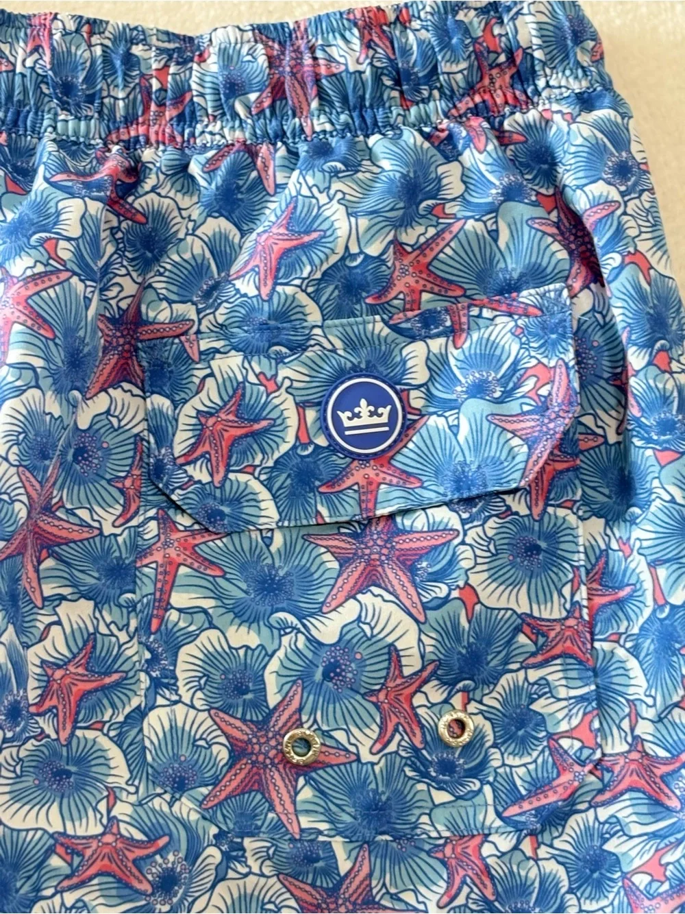 Peter Millar Blue and Pink Starfish Print Swim Trunks